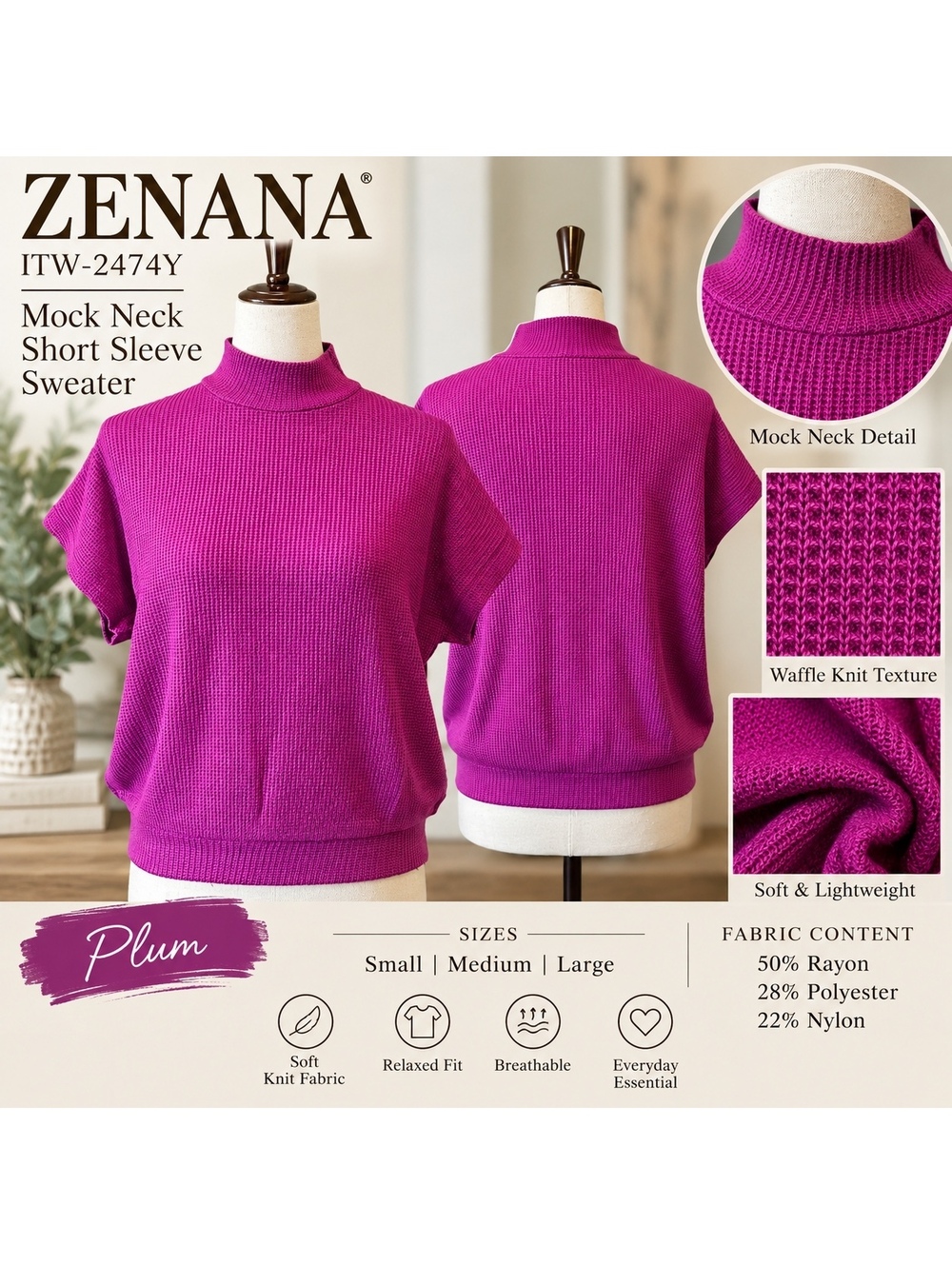 Zenana ITW-2474Y Plum Mock Neck Short Sleeve Sweater